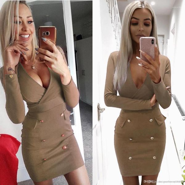 

dress deep v-neck buttons designer clothes pencil dress work ol womens autumn bodycon, Black;gray