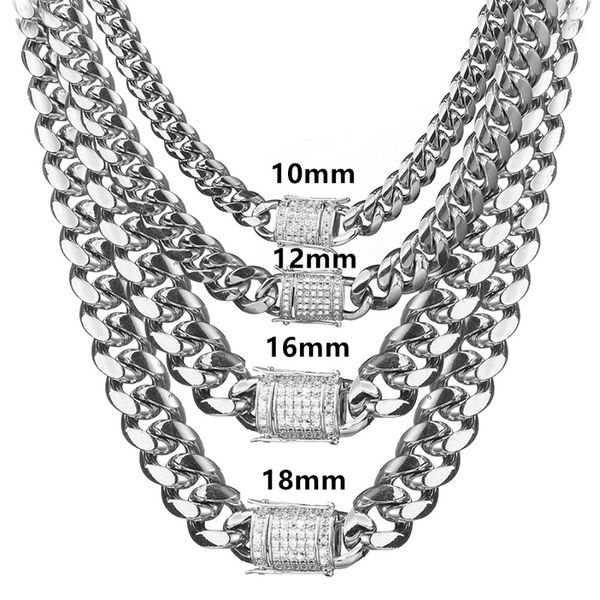 

8/10/12/14/16/18mm sell men boy silver tone stainless steel miami curb link chain necklace rhinestone clasp