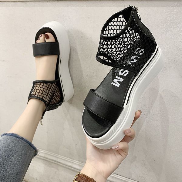 

sandals comfortable women's fashion open toe 2021 summer thick bottom rubber roman women zipper flat black white