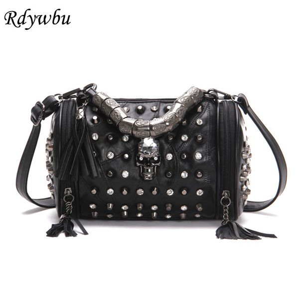 

rdywbu genuine leather tassels skull handbag women luxury rock rivet punk shoulder bag black sheepskin messenger travel bag b547