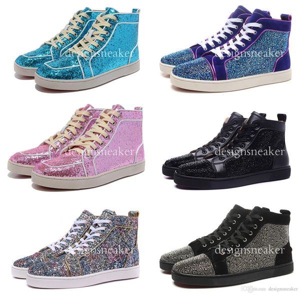 

2018 new designer high crystal studded lace up causal shoes leather red bottom party flat shoes for women men size 36-46, Black