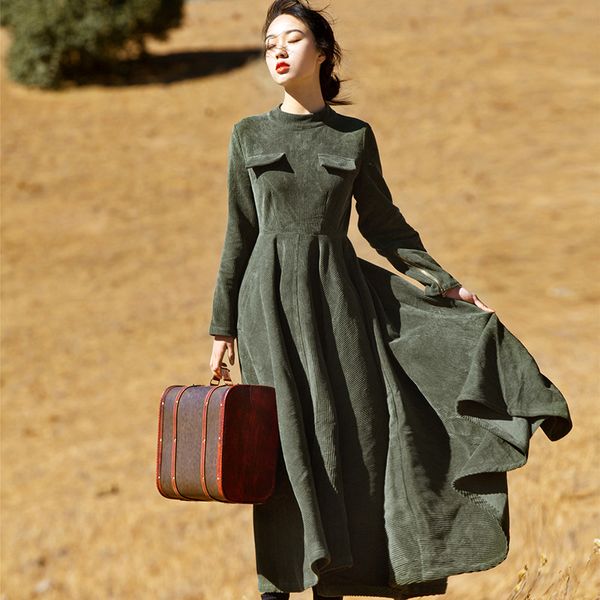 

johnature women elegant dress corduroy chinese style cheongsam 2018 fall new fit and flare high waist long sleeve vintage dress, Black;gray