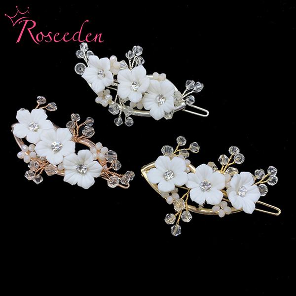 

sweet white flower bridal barrettes comb wedding hair clips jewelry accessories crystal women hair ornaments fork re3727, Golden;white