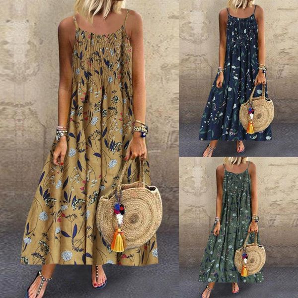 

women vintage bohemian print summer maxi dress casual floral sleeveless o-neck straps maxi ladies dress vestidos de verano, Black;gray