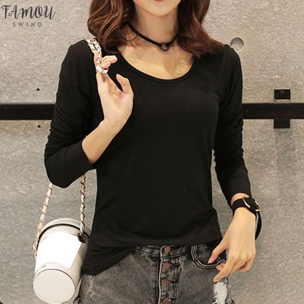 

new 2020 autumn winter women tees t shirts long sleeve casual basic shirt thin style solid bottoming shirt, White