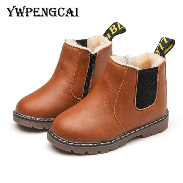 

toddler size vintage 21-36 style boys ankle warm thick plush children winter soft pu leather kids boots, Black