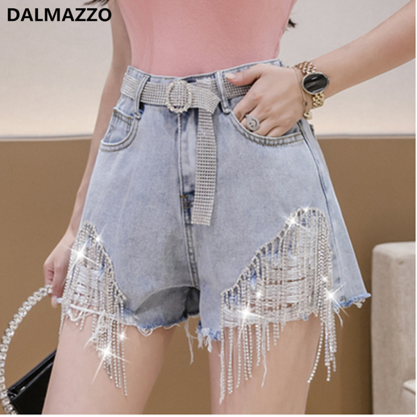 

beads and diamonds women push up high waist belt denim shorts 2020 new arrival students tassel hole wide leg jeans short pants, Blue