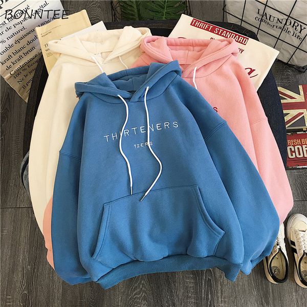 

hoodies women plus velvet female letter printed ulzzang big pocket students harajuku hooded loose womens sweatshirts chic casual, Black