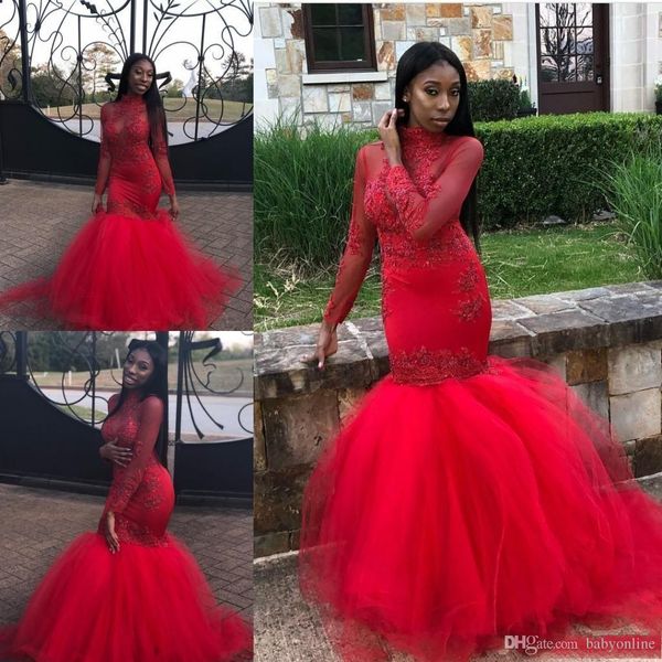 

черные девушки африканский красный русалка платья выпускного вечера 2019 с длинными рукавами бусины аппликации драгоценный камень шеи многоу, Black;red