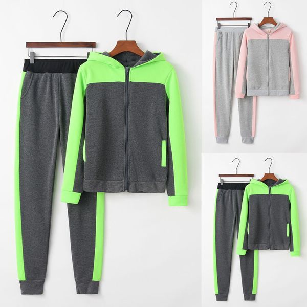 

women solid color hooded sweatshirt and pant tracksuit sport suit, Black;blue