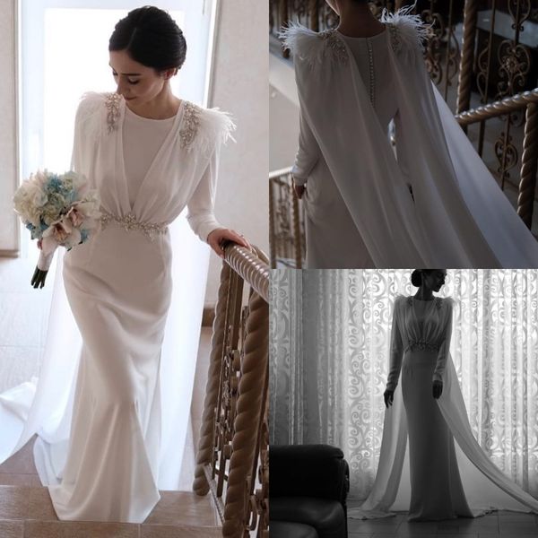 

2020 modest bohemian simple jewel long sleeve button pears feather mermaid wedding dresses satin wedding gowns sweep train robe de mariÃ©e, White