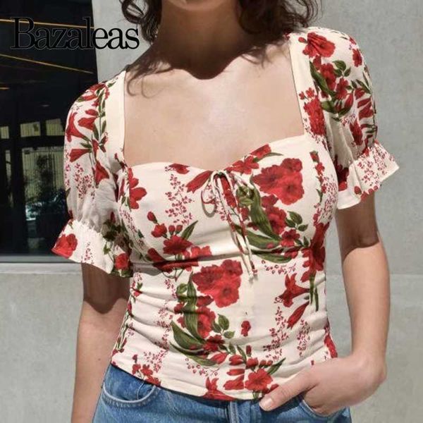 

bazaleas винтаж площади воротник женщины блуза отдыха рубашка красный цветочные печати с коротким рукавом blusas mujer де moda 2020, White