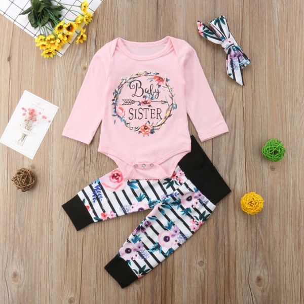 

3pcs baby girls long sleeve letter printed romper pants floral outfits newborn kids cotton clothes set, White