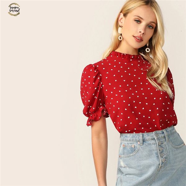 

frilled polka dot neck puff sleeve confetti heart print red stand collar short sleeve blouse elegant women summer blouses, White