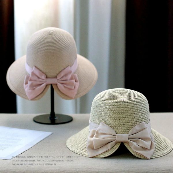 

beach sun hat women 2019 spring summer fashion casual korean style bow breathable cute straw sun hats caps, Blue;gray