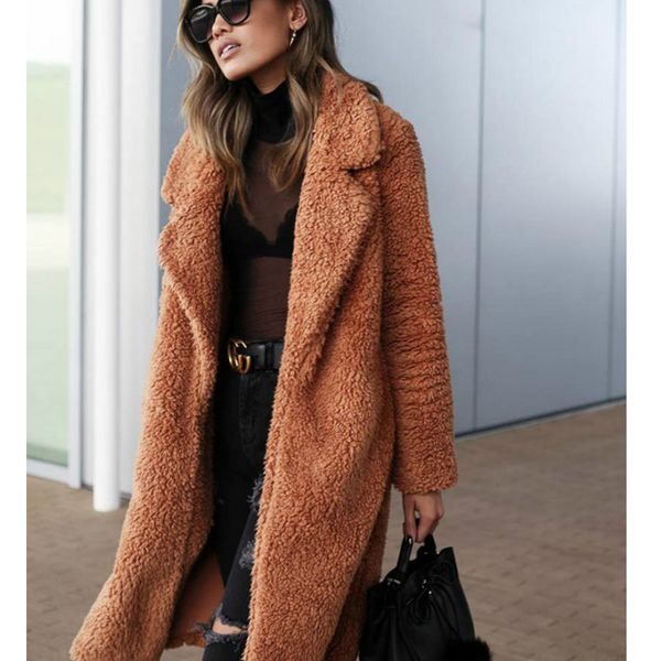 

women ladies fleece midi-length faux fur jacket high street fashion overcoat 2019 new fashion, Black;white