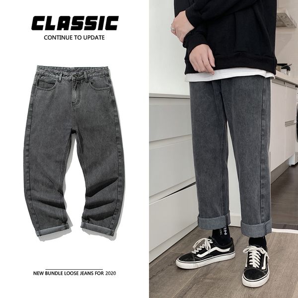 

jeans men's fashion washed solid color casual jeans pants man streetwear wild hip hop loose straight denim trousers mens -2xl, Blue