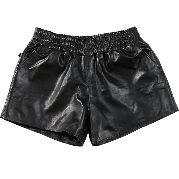 

women genuine leather black elastic waist korean style female classic short pants real sheepskin ladies mini shorts, White;black