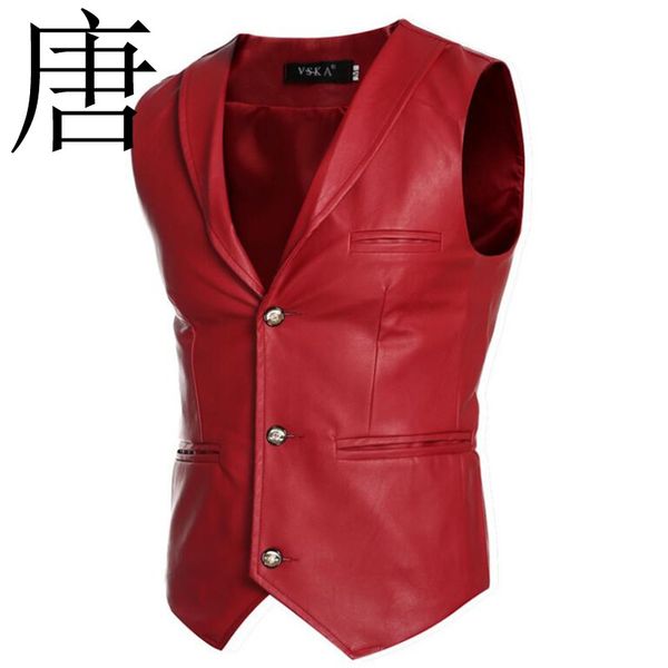 

tang cool 2019 new faux leather jacket vests red white black single breasted v neck mens waistcoat slim fit sleeveless coat, Black;white
