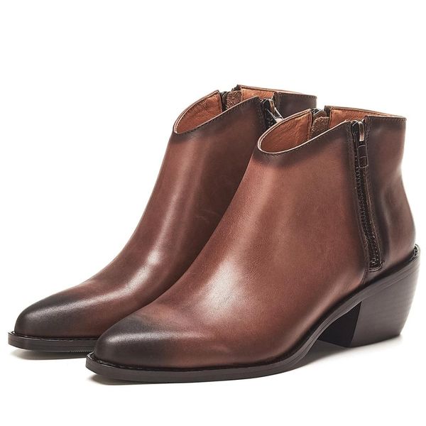 

women's cow leather gradient color chunky heel pointed toe double zip famale retro ankle boots vintage punk short boots shoes, Black