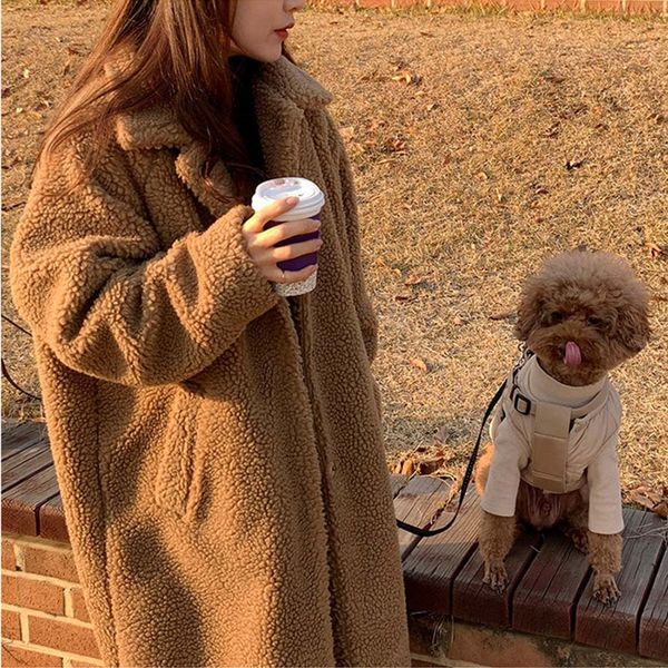 

women small grain lambskin warm coat knitwear loose padded windbreaker jacket 2020 warm windproof overcoat cappotto da donna#3, Black