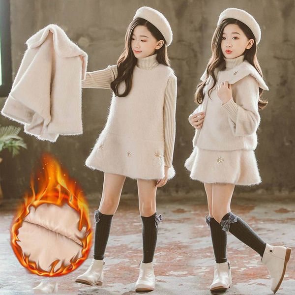 

2019 autumn winter children girls faux mink fur plus velvet warm thick sets kids girls woolen coat + vest dress 2pcs suits no30 t200413, White