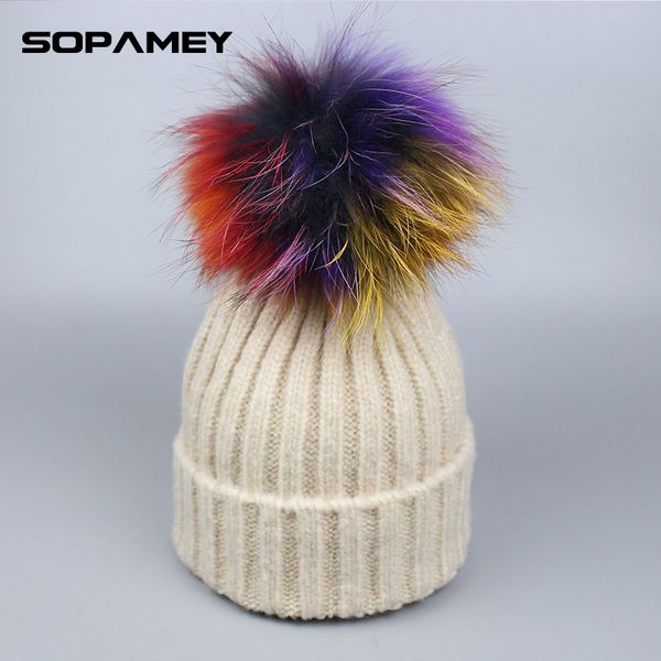 

children girl colorful pompom hat real mink raccoon fur women winter beanies skullies pompom hat cap with pompons hats cute bon