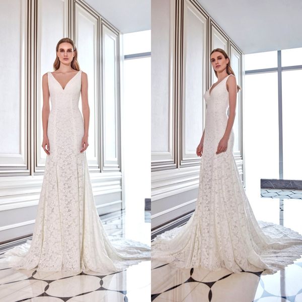 Abiti da sposa a sirena Dany Tabet Scollo a V senza maniche Tulle Applique in pizzo Abiti da sposa increspati Sweep Train robe de mari￩e