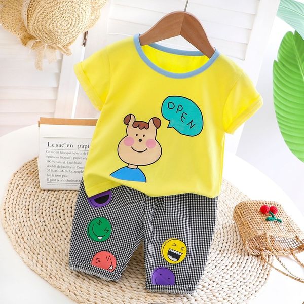 

cartoon baby boys clothes short sleeve + plaid shorts children cotton clothing 1-4 years old toddler girls summer clothing, White