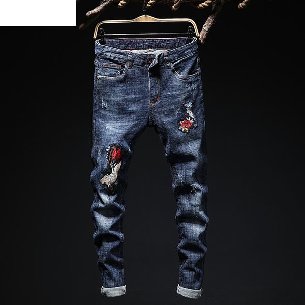 

2018 new warm 2019 summer jeans pants fashion men's casual personality printing slim fit denim jeans pants 19may22, Black