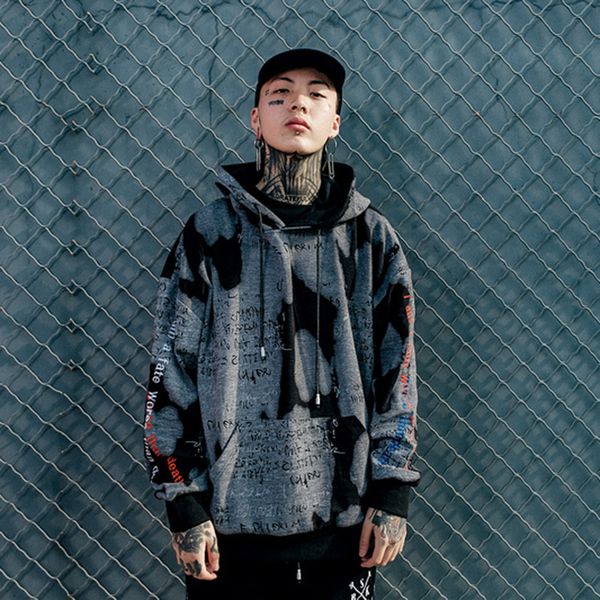 

fashion tide brand men's autumn clothing men's long sleeve hood sweatshirt street gray camouflage casual lady ins thin coat, Black