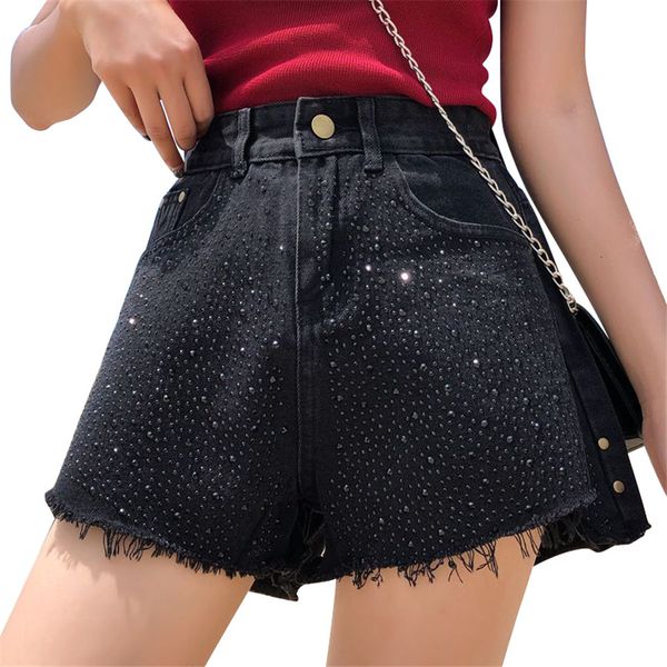 

plus size 4xl denim shorts boyfriend jeans for women high rise rhinestone casual wide leg harem boot cut short jeans femme, Blue