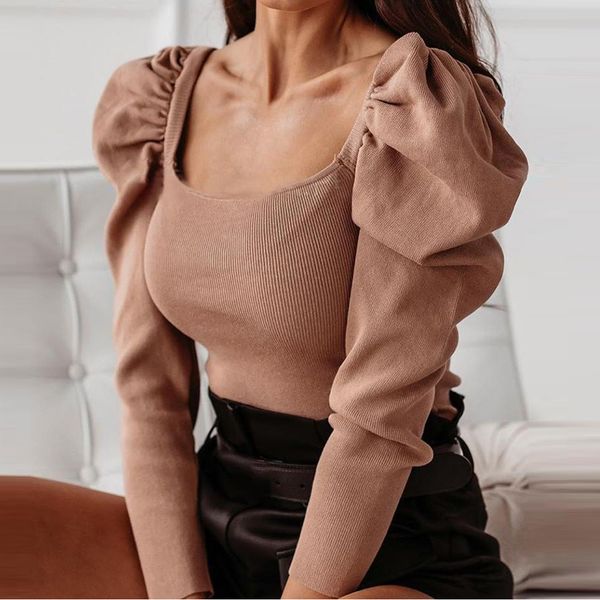 

fashion puff sleeve khaki black bodysuit woman long sleeve square collar solid bodysuit body jumpsuit, Black;white