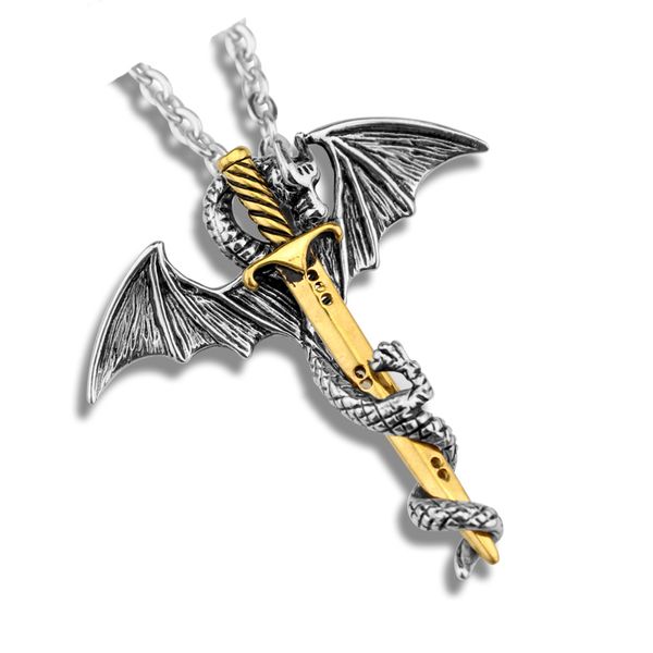 

necklace flying dragon with wings rolled sword necklace cross pterosaur vintage pendant necklaces jewelry, Silver