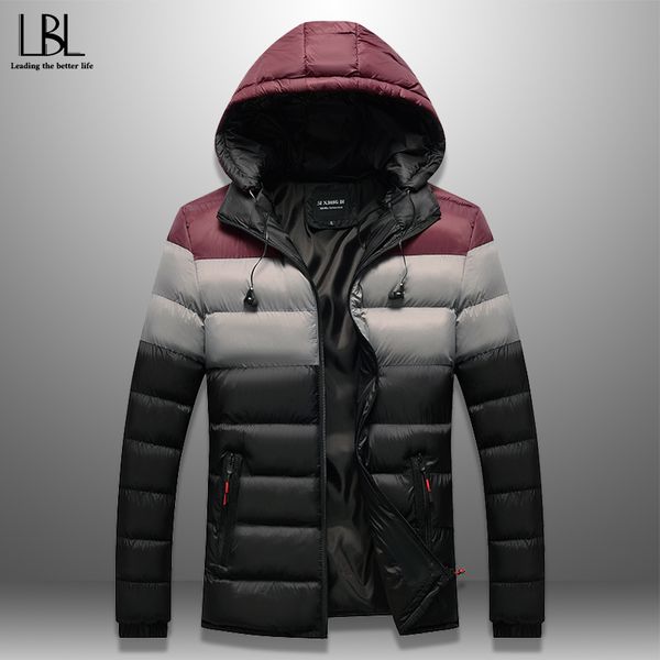 

men's winter parka patchwork wadded jacket with earphone cables casual warm hooded cotton-padded coat windproof brand clothing, Black