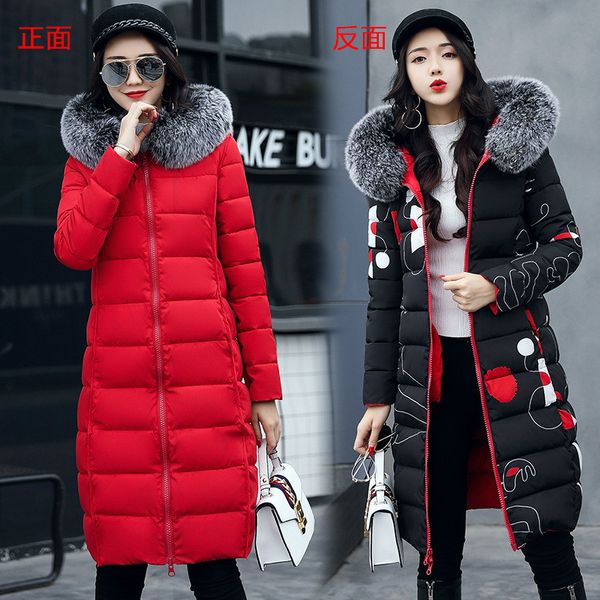 

double-sided winter parka women long fashion warm thick women coat outwear 2019 new print cotton hooded ladies jackets cj1110, Black