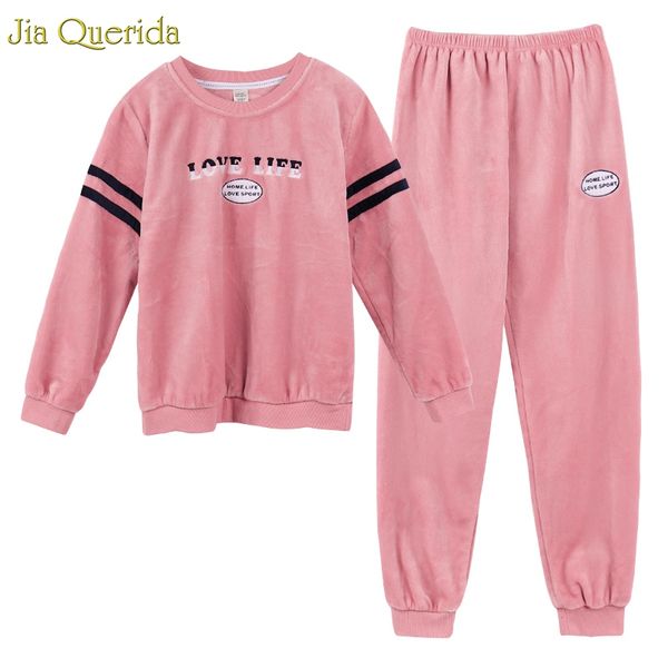 

women pink fleece flannel pajamas long sleeves letter embroidered pajama set sporty fashion home wear warm clothes winter pajama, Black;red