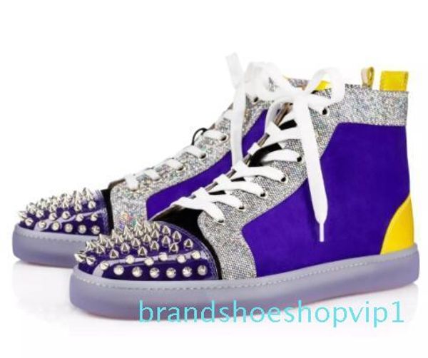 

most prefer birthday gift,luxury party shoes spikes red bottom sneaker flat men high lace-up sneakers men casual sneaker wedding s02, Black