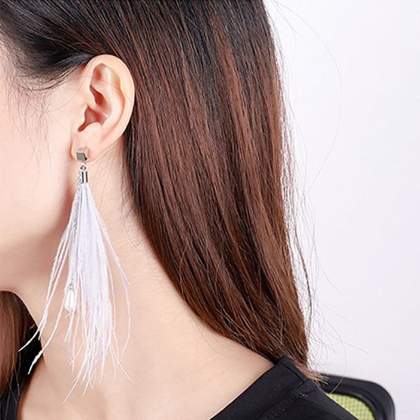 

misananryne fashion bohemian feather earrings long tassel dangle drop earrings jewelry for women summer beach wedding jewelry, Silver