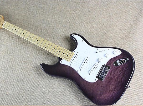 

бесплатная доставка завод пользовательские фиолетового шаблона тело электрическая гитара с белой накладкой, кленовый грифом, 3 пикапов, може