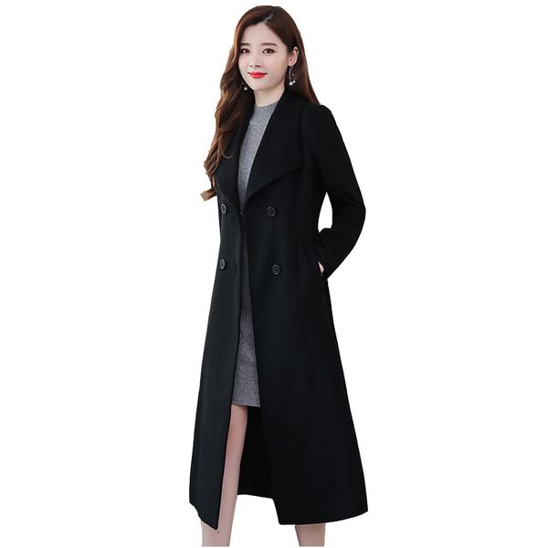 

autumnwinter womens coat mid-length over the knee thick warmth 2020 new fashion cashmere woolen trench coat coats women overcoat, Black