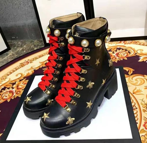 

designer ladies short boots 100% cowhide classic luxury bee women shoes leather high heeled boots fashion diamonds martin boots size 36-42, Black