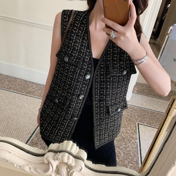 

elegant black plaid wool vest 2019 waistcoat women v-neck suit vest female jacket coat pockets office lady, Black;white