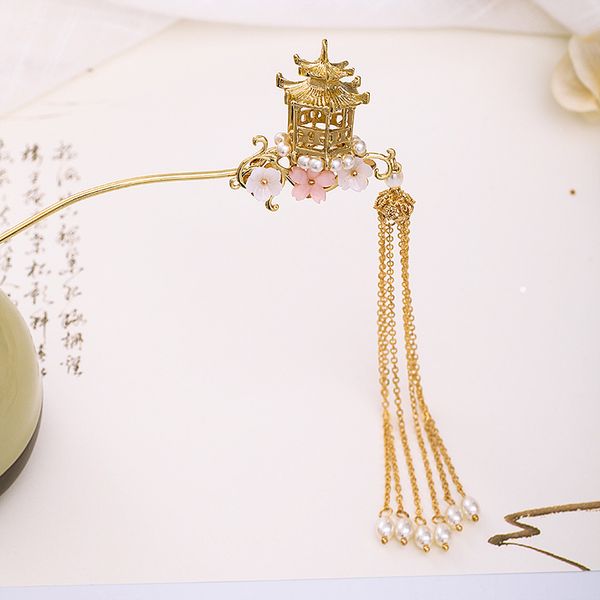 

forseven vintage chinese style hair sticks pavilion flowers shape tassels hair pin women girl retro jewelry headdress jl, Golden;white