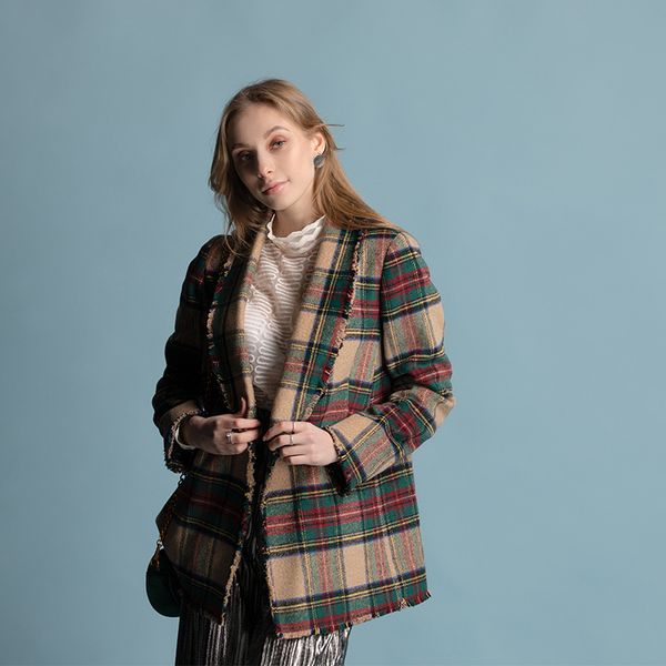 

cross-border specifically for 2019ins explosion models in europe and america women's plaid jacket lapel scrap fashion womenjacket, Black;brown