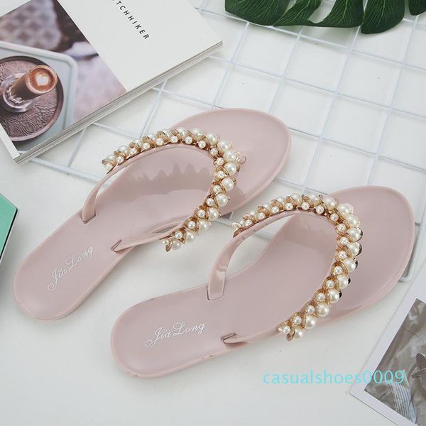 

pearl string bead outside elegant shallow women slippers summer crystal beach pointed toe flat flip flops solid soft shoes c09, Black
