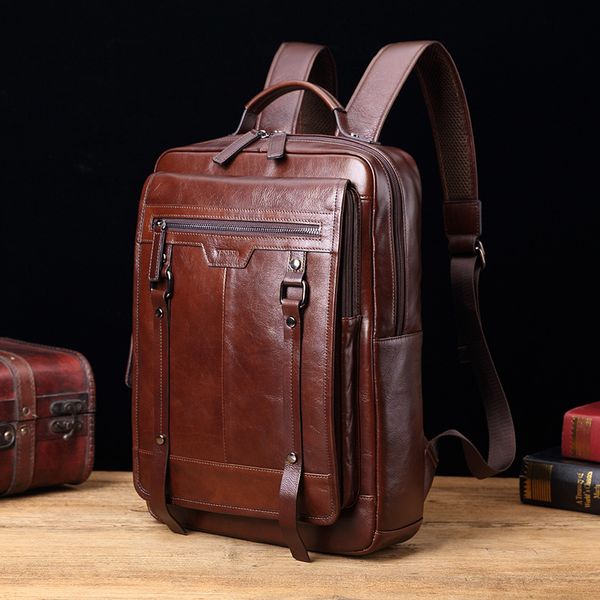 Men genuine leather Business Laptop Backpack Man Vintage Fashion Travel Backpack