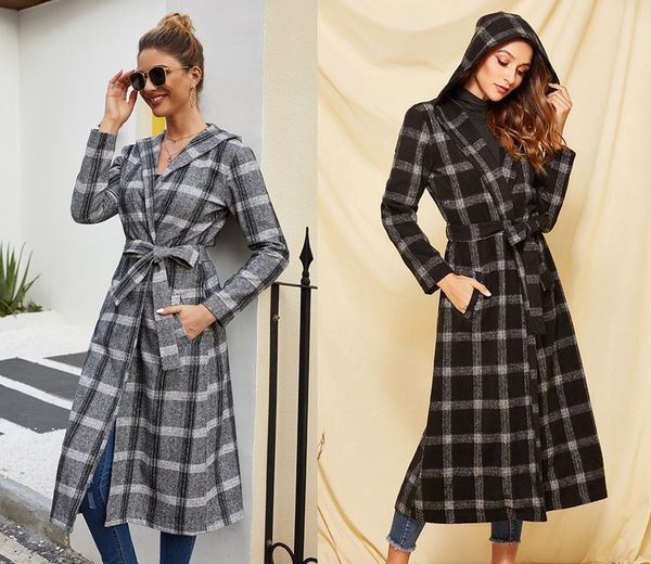 

women's coat winter long sleeve designer casual luxury fashion grid waistband hooded clothing with black gray plaid print