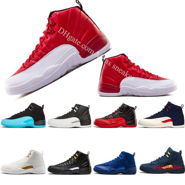 

mens basketball shoe 12s gym red black black nylon flu game dark grey royal blue whtite black the master trainers sports shoes