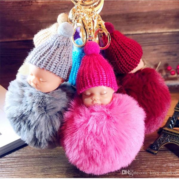 

cute sleeping baby doll keychain pompom rabbit fur ball key chain car keyring women key holder bag pendant charm accessories novelty items